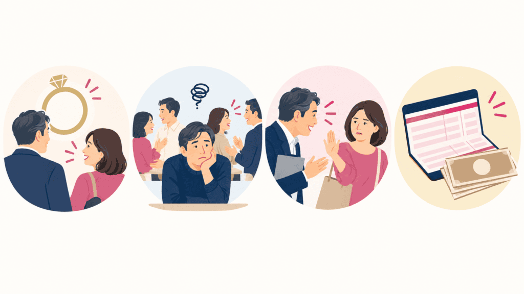 既婚者・教室での浮き・勧誘・会費の払い続けという4つの失敗例のアイコン。