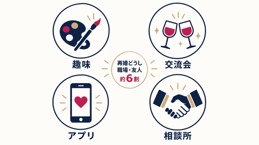 50代男性の主な出会い方を4つ並べた図。