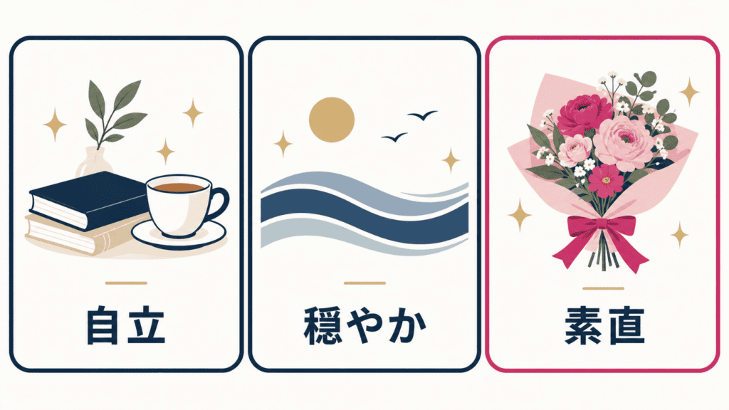 自立・穏やか・素直を表す3枚のカードのイラスト