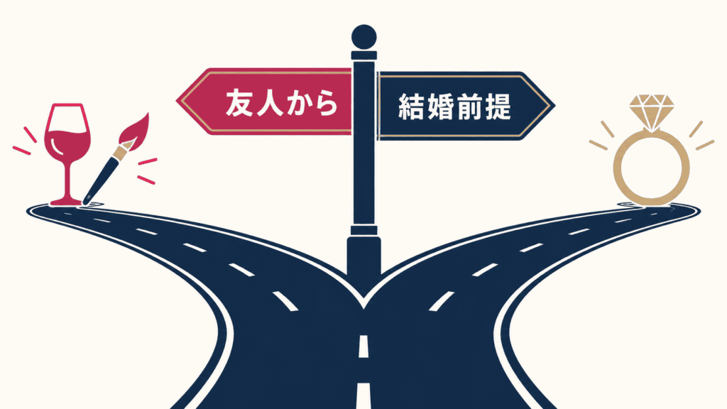 目的によって選ぶ出会いの場が変わることを表す道しるべ