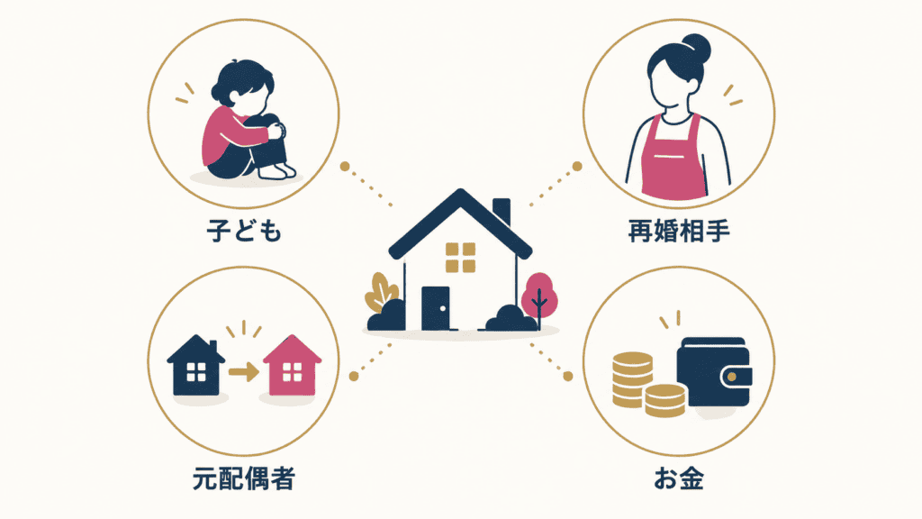 子連れ再婚で心配されやすい4つのテーマ（子ども・再婚相手・元配偶者・お金）の図。