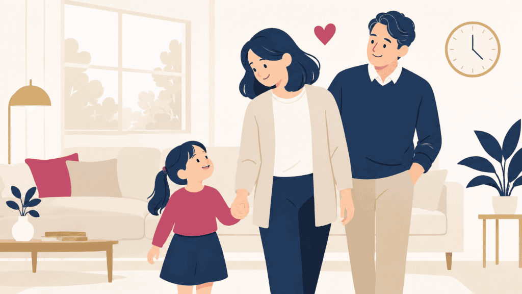 実の親が子どもの近くにいて、再婚相手が少し離れて見守る家族のイラスト。
