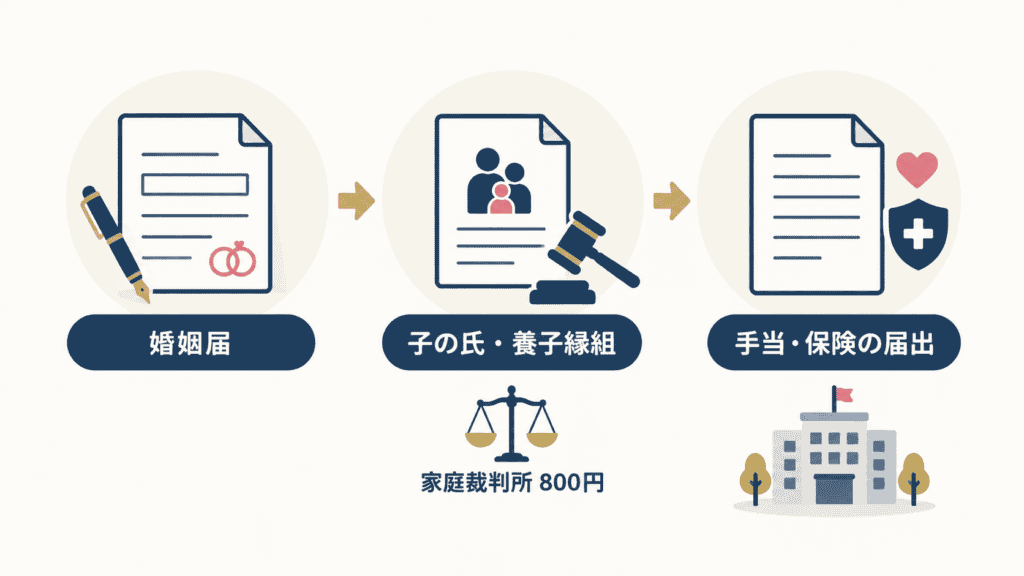 子連れ再婚の主な手続きの順番を示した流れ図。
