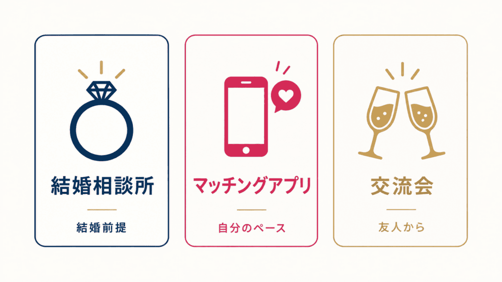 50代の結婚相手との出会い方3つと、それぞれの特徴を表すアイコン。