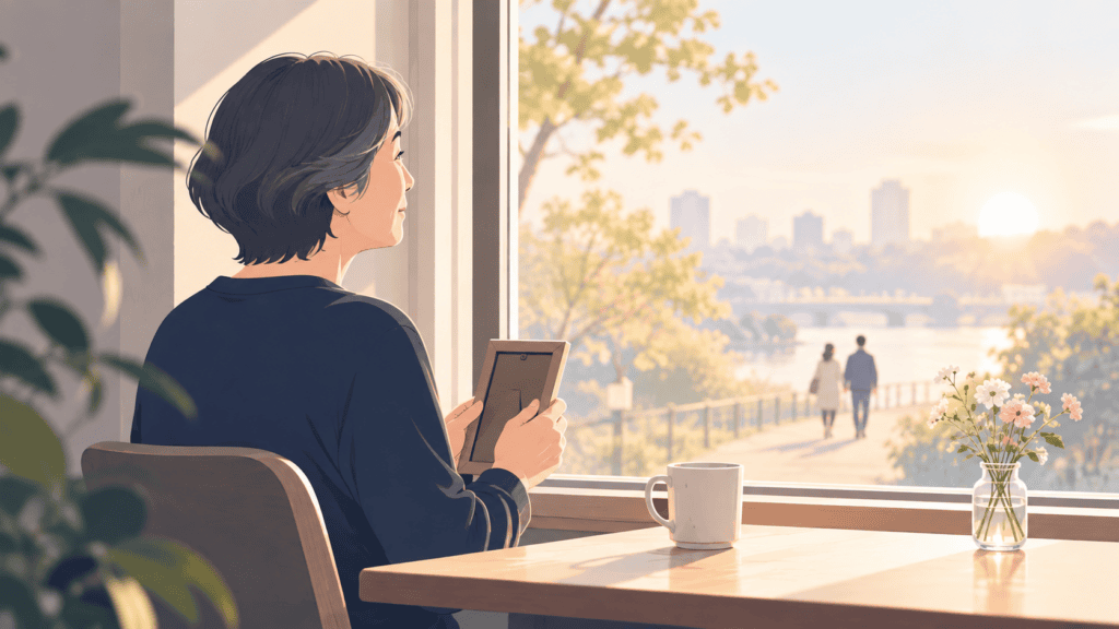 故人との思い出を大切にしながら、これからの人生を考える人物のイラスト。