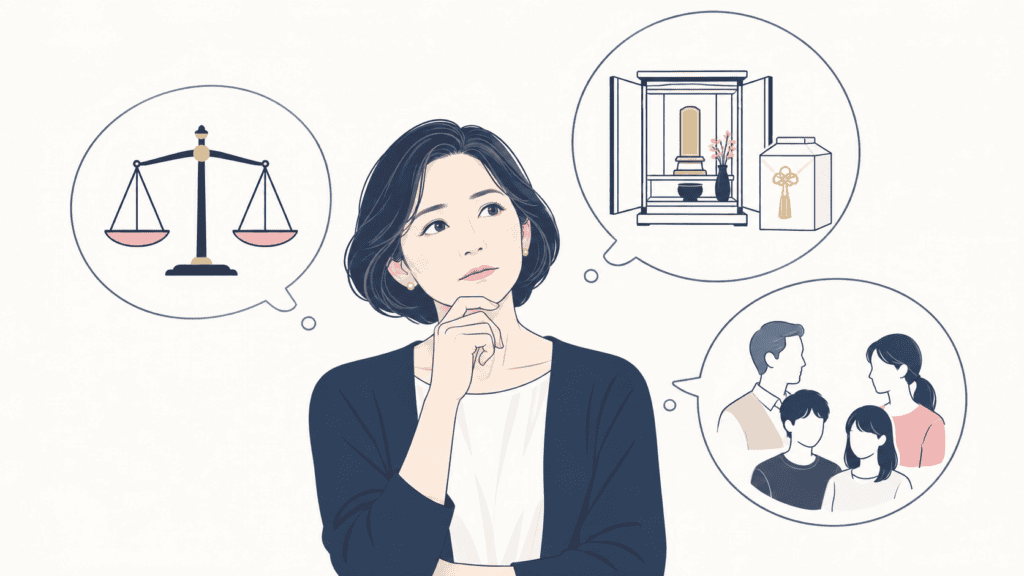死別経験のある人と付き合う側が抱きやすい3つの不安を表したイラスト。