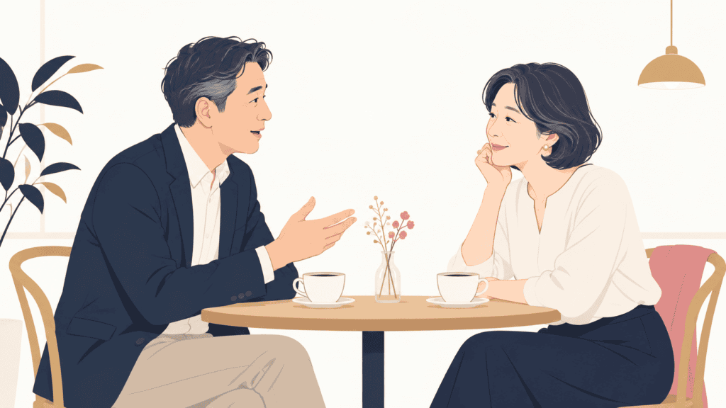 相手の話を急かさずに聞く、死別経験のある人との穏やかな会話の場面。