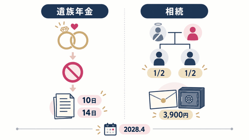 再婚時の遺族年金失権届の期限と、相続・遺言書保管制度のポイントを表した図。