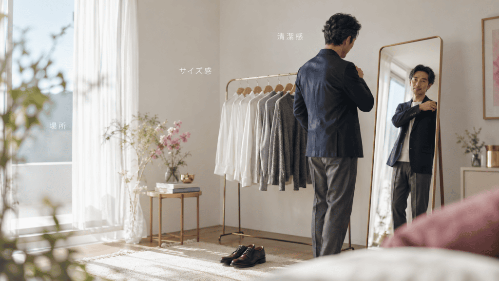 姿見の前でジャケットのサイズ感を確かめる40代の男性