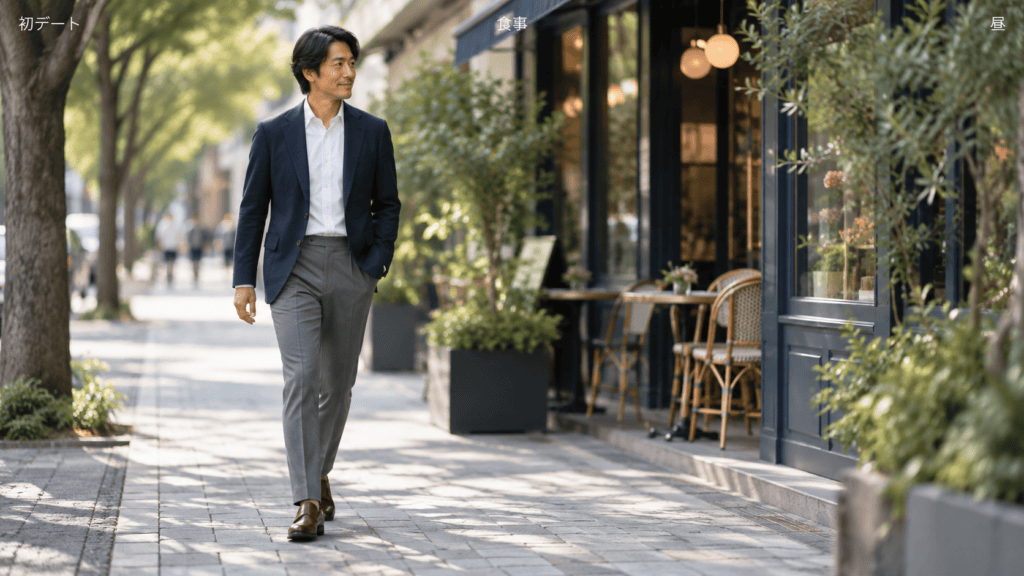 ジャケットにシャツを合わせた、40代男性のきれいめカジュアルのデート服
