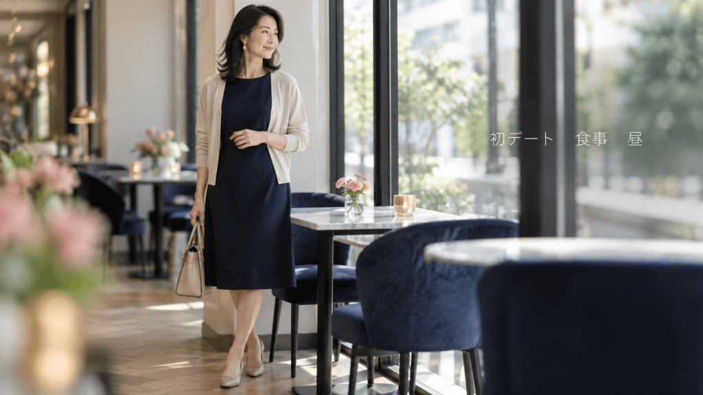 シンプルなワンピースに薄手の羽織りを合わせた、40代女性のデート服