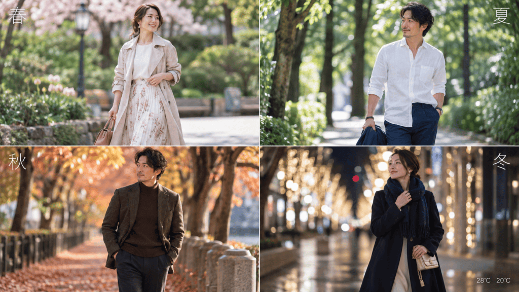 春夏秋冬それぞれの40代のデート服と、冷暖房時の室温の目安