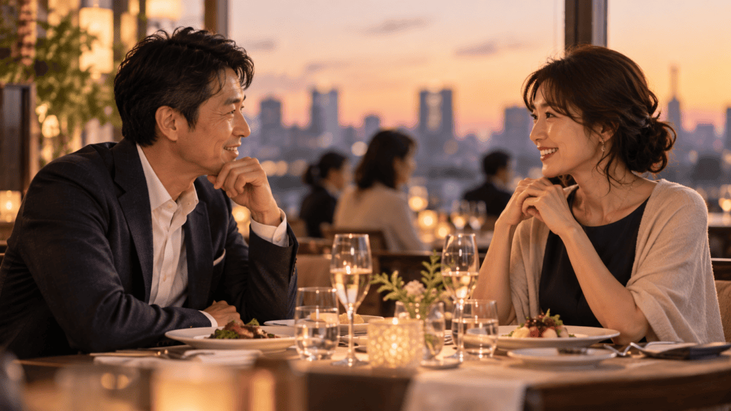 食事をしながら笑顔で会話する40代の男女
