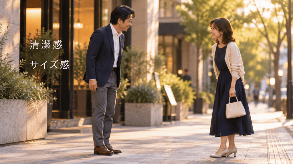 きれいめな服装で待ち合わせる40代の男女