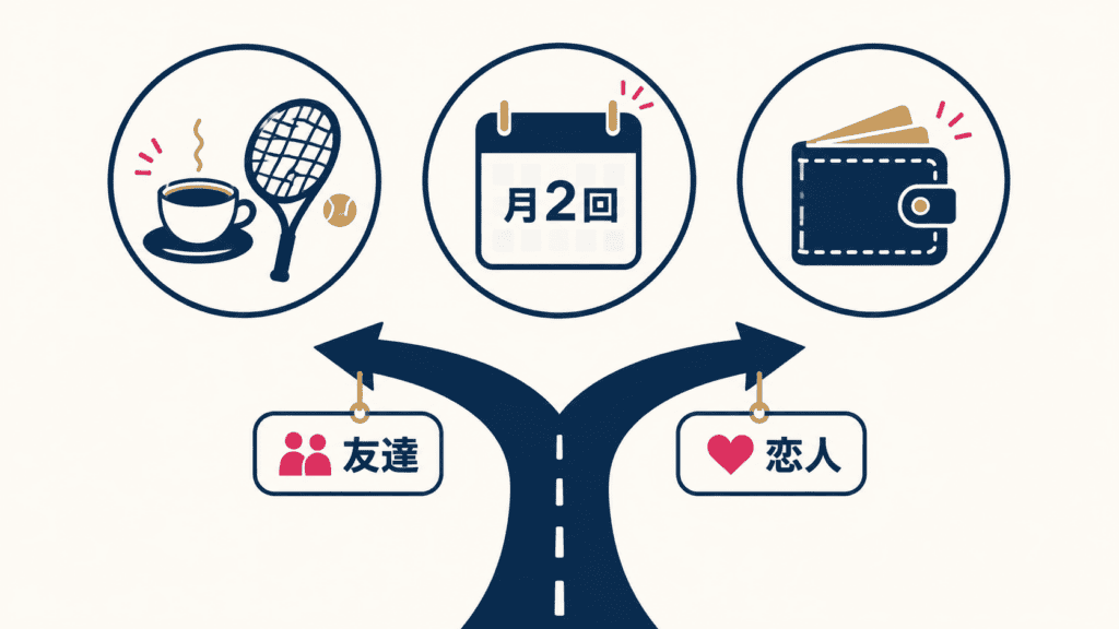 目的・回数・予算と、友達か恋人かの線引きを並べた図。