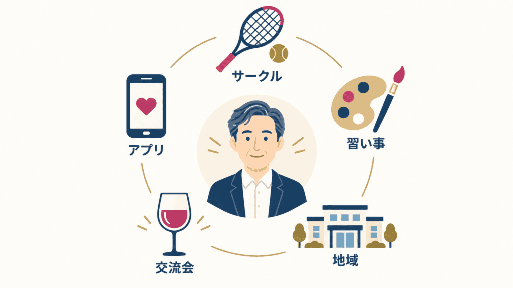 社会人サークル・習い事・地域活動・交流会・友活アプリの5つの場所を並べた図。