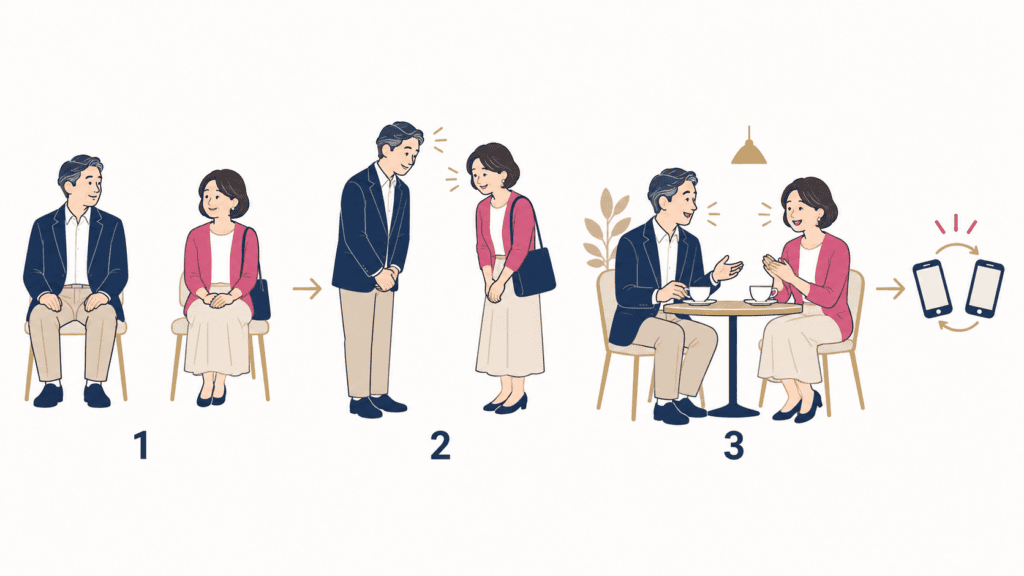 同じ場所に3回通って少しずつ打ち解けていく流れの図。