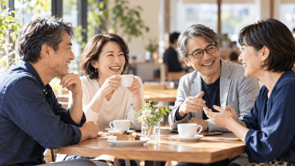 少人数のテーブルで会話を楽しむ同年代の大人たちの写真。