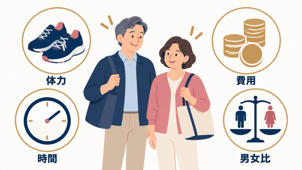 50代が習い事を選ぶときの4つの基準(体力・時間・費用・男女比)の図