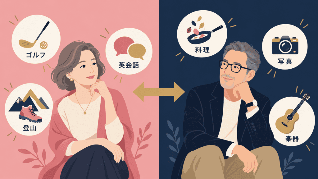 50代女性と50代男性で候補になる習い事の違いを示した図