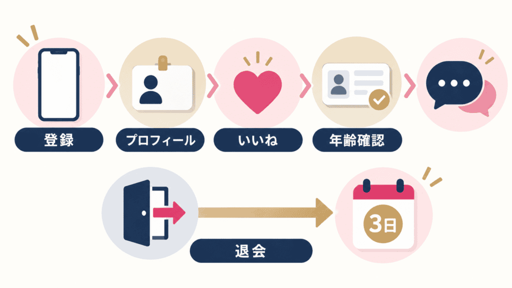 アンジュの登録からメッセージまでの流れと、退会の手順を示した図