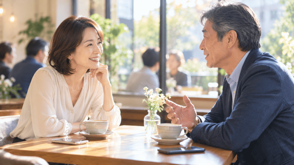同世代の相手と落ち着いて話す大人世代のイメージ