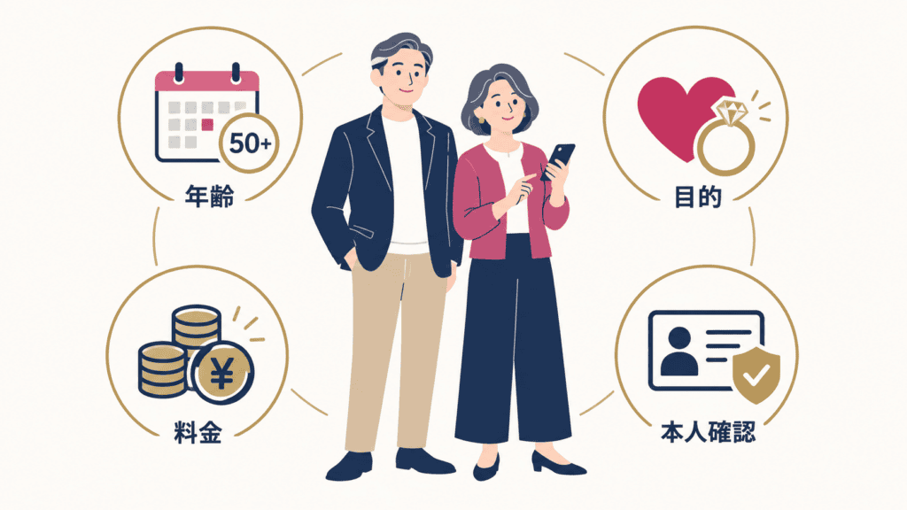50代がマッチングアプリを選ぶときの4つの基準（年齢・目的・料金・本人確認）の図。