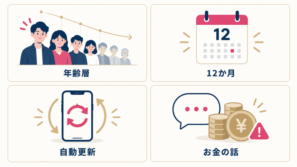 50代がマッチングアプリ選びで失敗しやすい4つの点の図。
