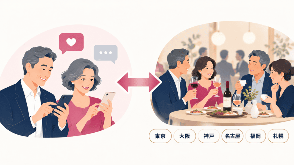 マッチングアプリと少人数の交流会を組み合わせる出会い方の図。