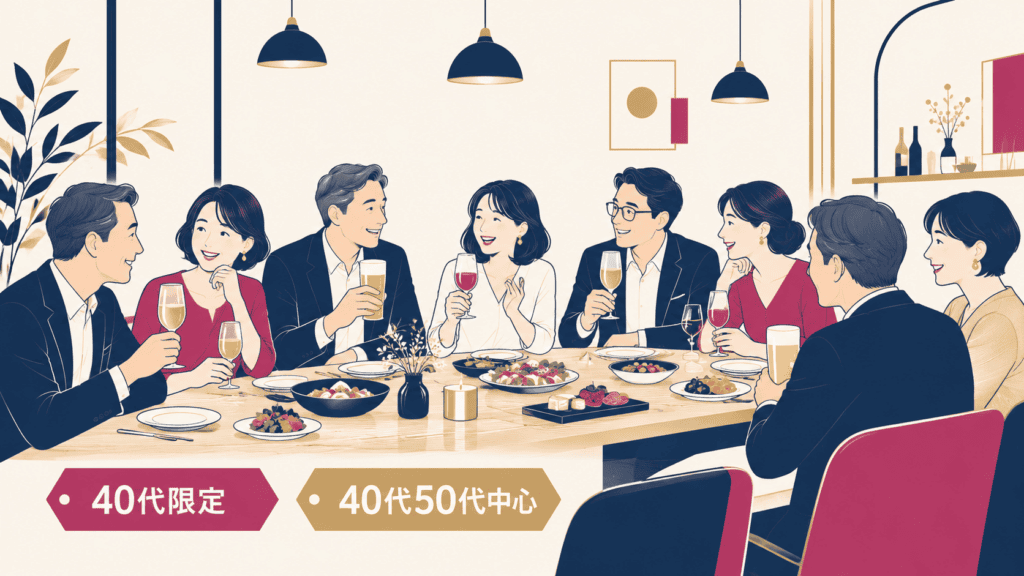 年代指定のある街コンで、同世代の男女が会話を楽しむ様子のイラスト。