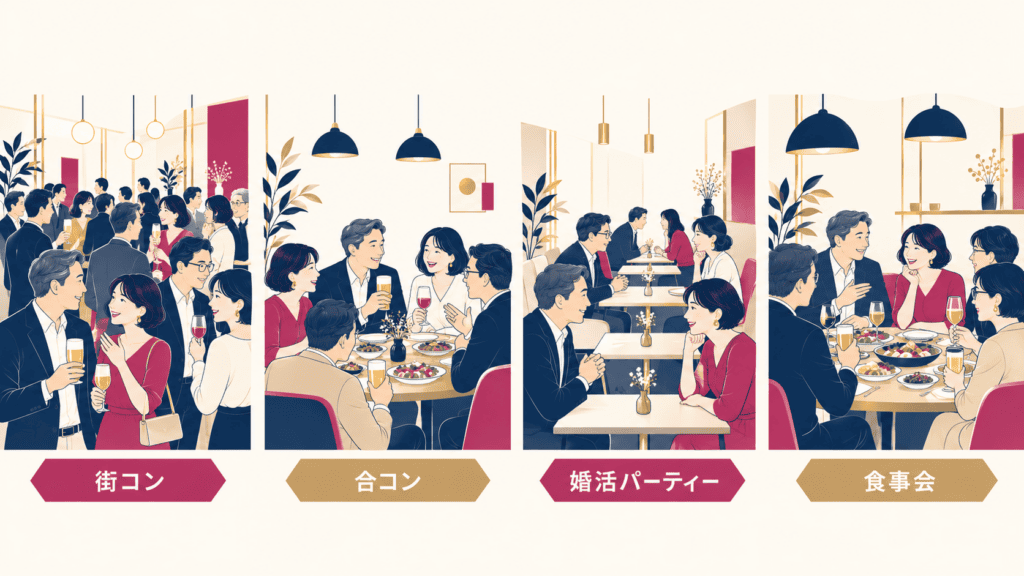 街コン・合コン・婚活パーティー・少人数の食事会の人数の違いを並べた図。