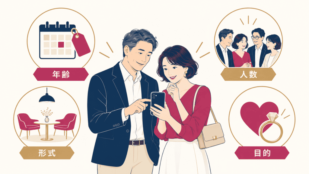 40代・50代が街コンを選ぶときの4つの基準(年齢表記・人数・形式・目的)の図。