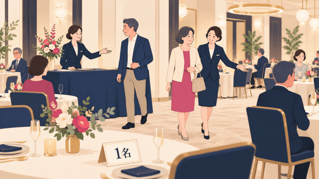 一人で街コンに参加し、スタッフの案内で席に着く40代・50代の男女のイラスト。