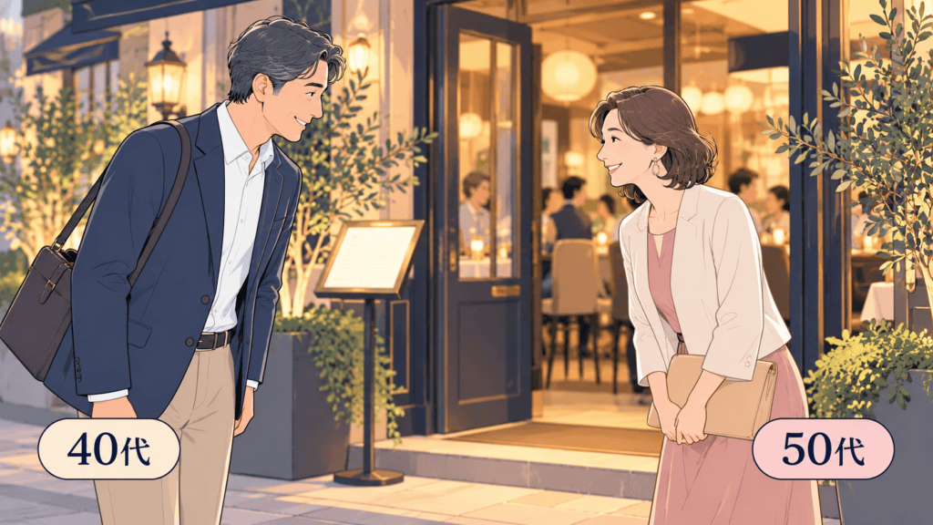 年代指定と形式で選んだ会で、同世代と出会う40代・50代の男女のイラスト。