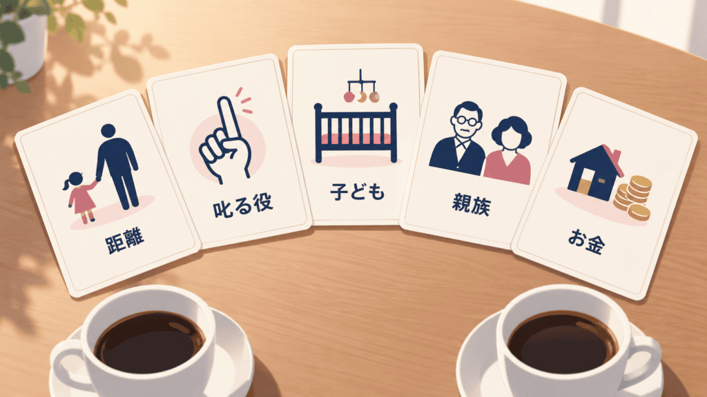 子連れ再婚を考える男性に聞いておきたい5つのテーマを示すカードのイラスト。