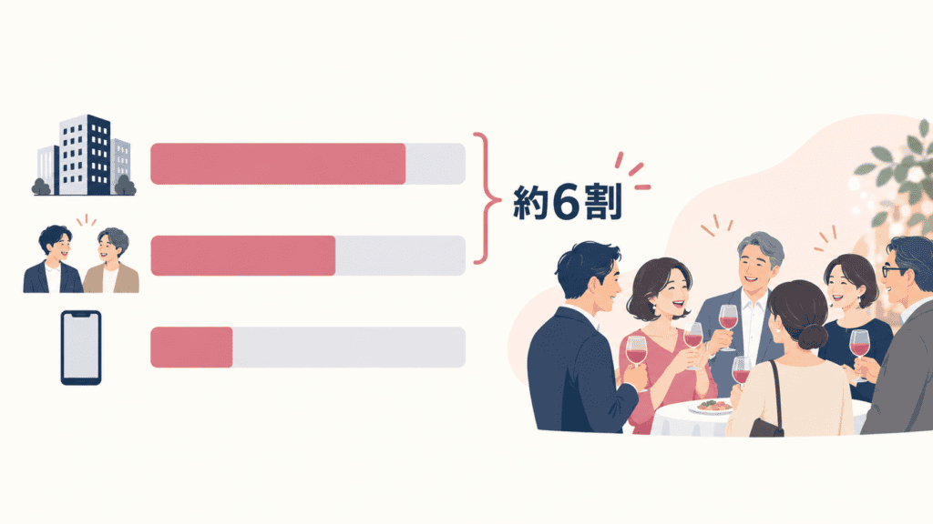 夫婦のどちらかが再婚の場合、出会いのきっかけは職場と友人の紹介が中心であることを示す図。