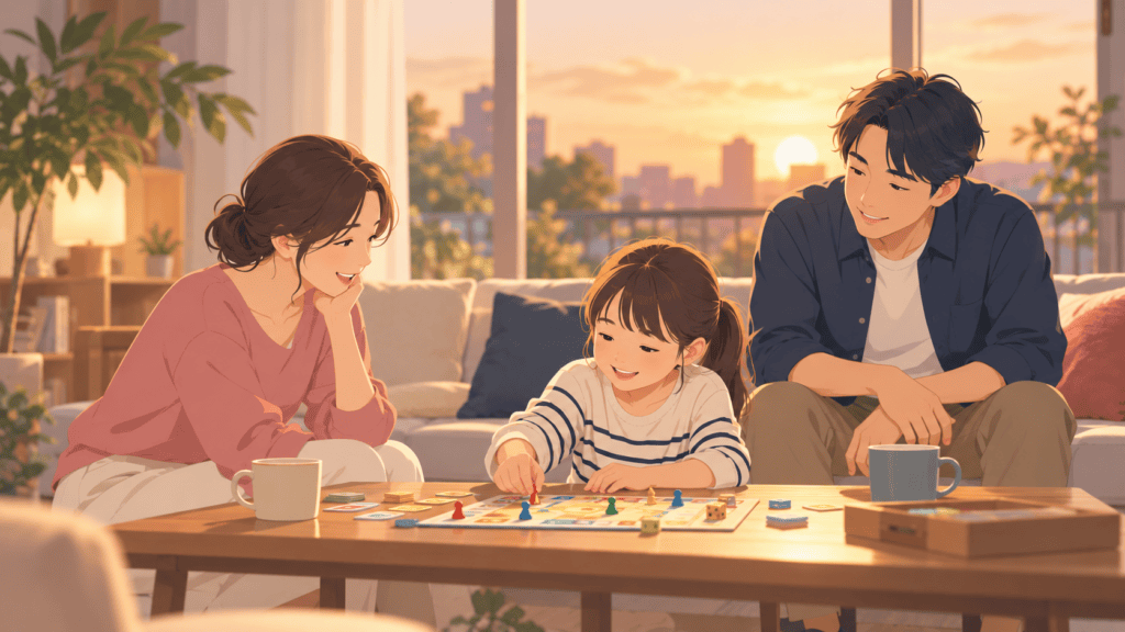 大人の男女と子どもが無理のない距離で同じ時間を過ごすイラスト。
