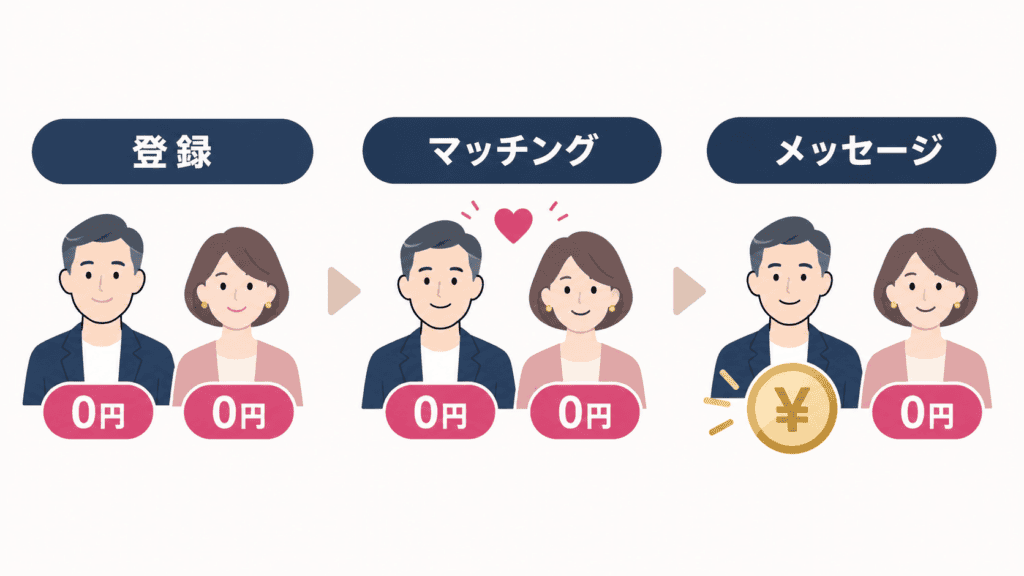 男性有料型のアプリで、男性の支払いが始まる段階(メッセージから)の図。