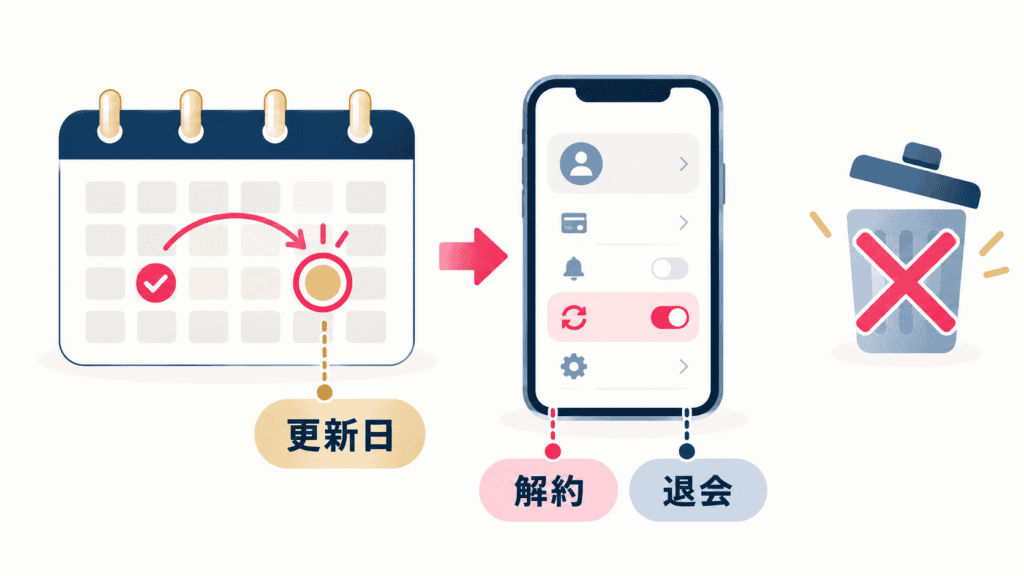 更新日の前に解約する流れと、退会・アプリ削除とは別の手続きであることの図。