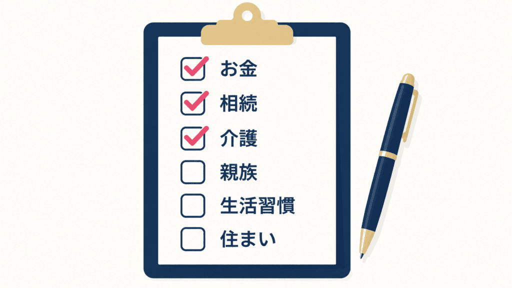 入籍前に話し合いたい6つの分野のチェックリスト。