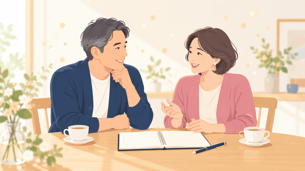 入籍前に暮らしのことを話し合う50代の男女。