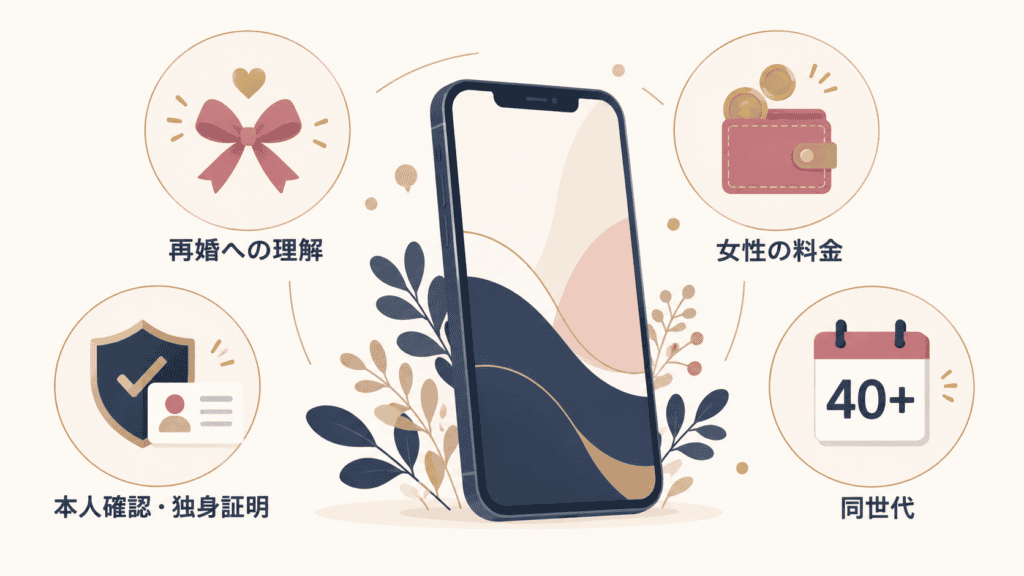 シングルマザーがマッチングアプリを選ぶときの4つの基準の図。