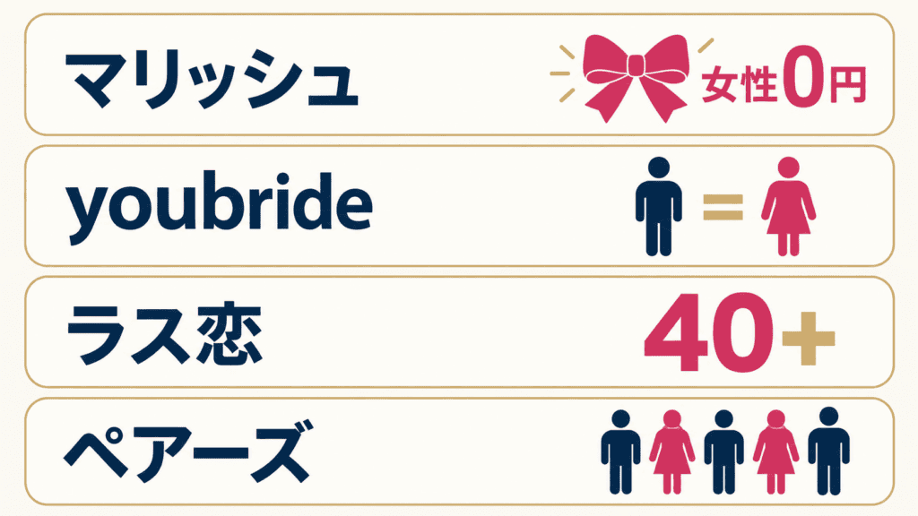 シングルマザー向けとして比べた4つのマッチングアプリの特徴を並べた図。