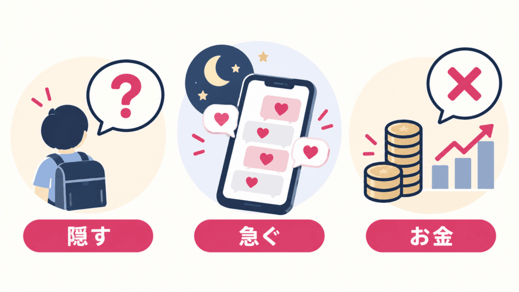 シングルマザーがマッチングアプリで失敗しやすい3つの場面の図。