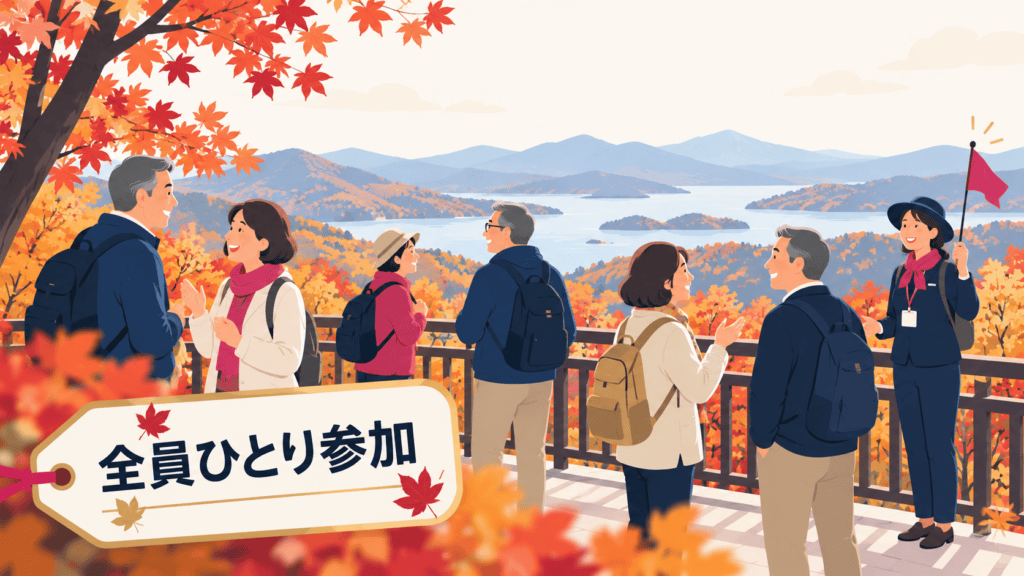 一人参加限定ツアーで、景色を見ながら旅仲間と話す50代の男女のイラスト。