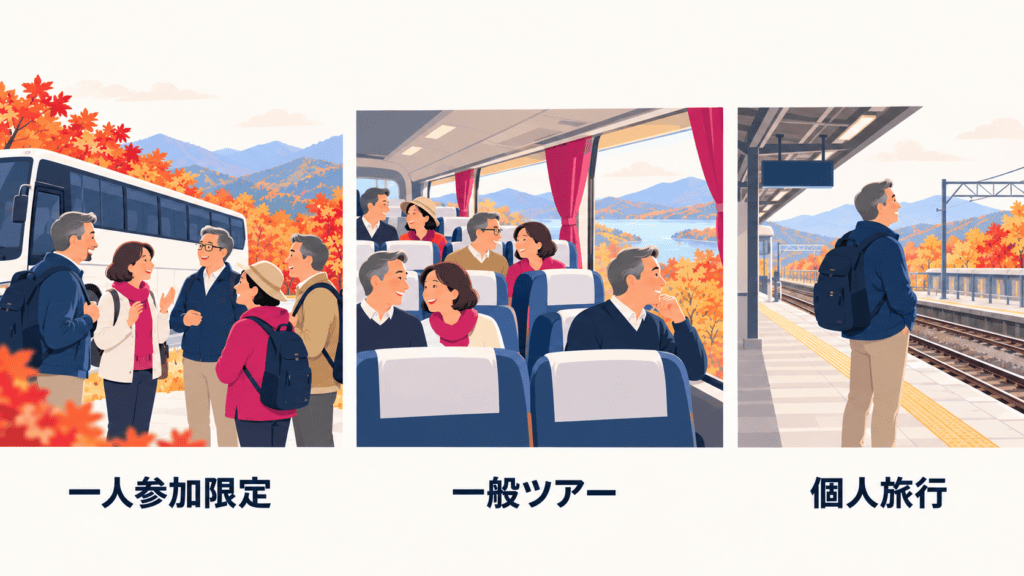 一人参加限定ツアー・一般のツアー・個人の一人旅の、周りの参加者の違いを並べた図。
