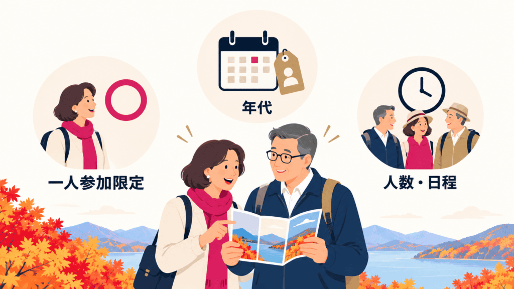 50代が一人旅ツアーを選ぶときの3つの基準(一人参加限定・年代・人数と日程)の図。