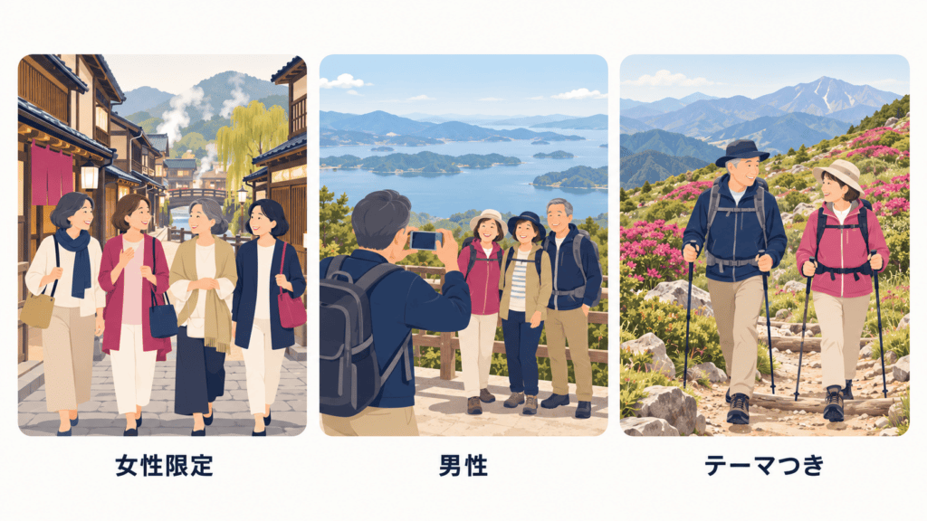 50代女性・50代男性・話し相手を探す人の、タイプ別の一人旅ツアーの選び方を示したイラスト。