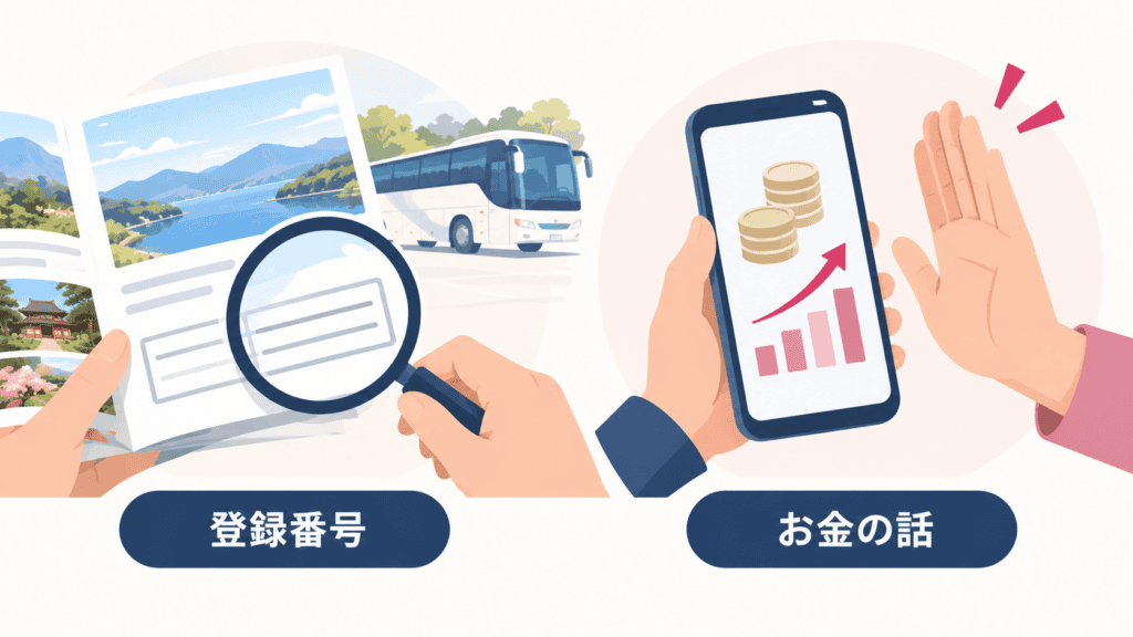旅行会社の登録番号の確認と、旅先で知り合った相手からのお金の話に注意することを示したイラスト。