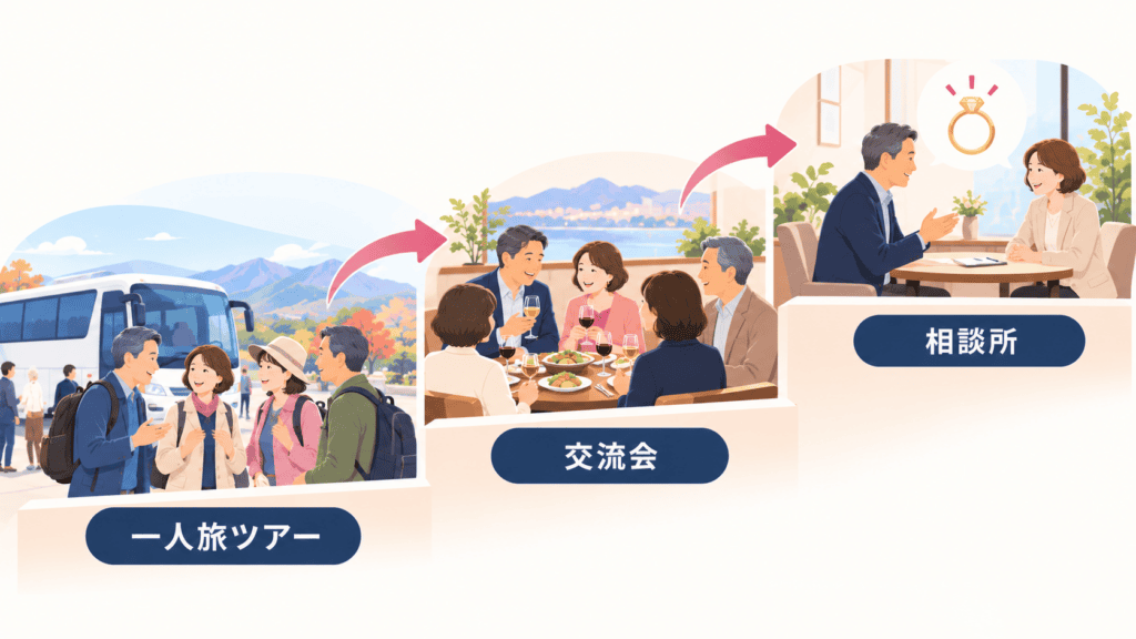 一人旅ツアーから交流会、結婚相談所へと出会いの場を広げる流れの図。